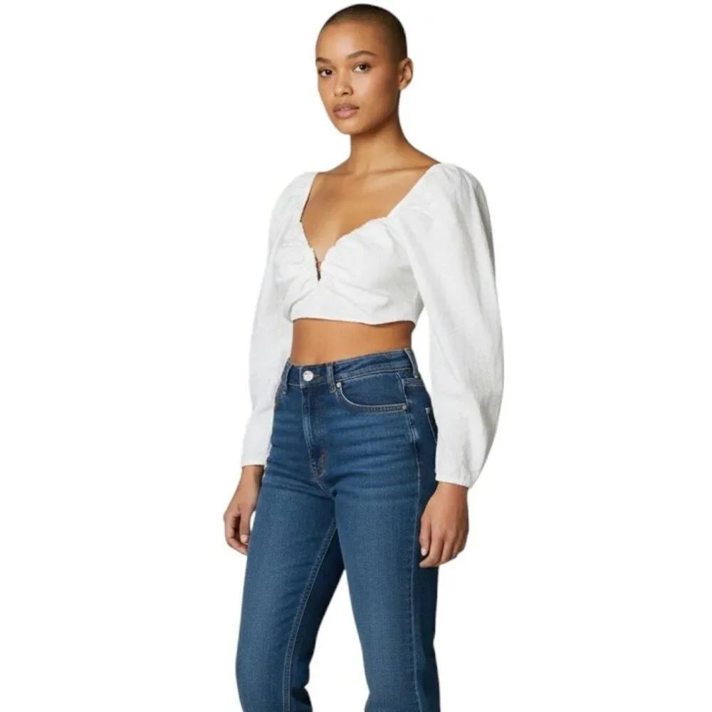 Zara White Long Sleeve Puff Sleeve Ruched Crop Top Sweetheart Neck Size XS